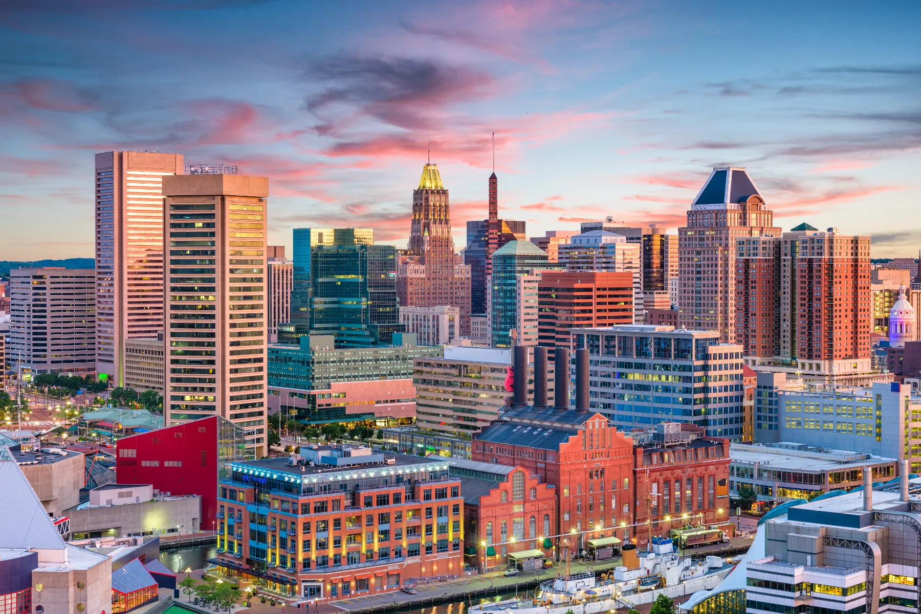 Skyline of Baltimore, MD at sunset
