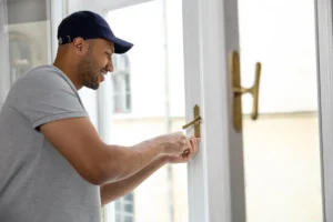 A repairman fixing a window latch with a screwdriver