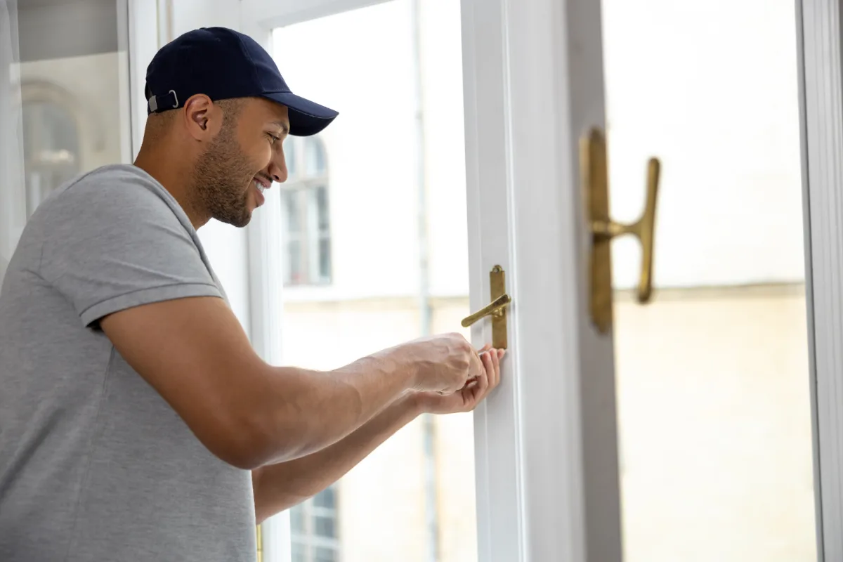 A repairman fixing a window latch with a screwdriver