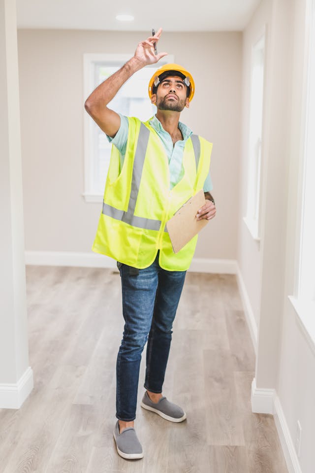 a home inspector looking at the ceiling