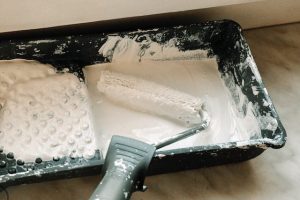 paint roller in a tray with white paint
