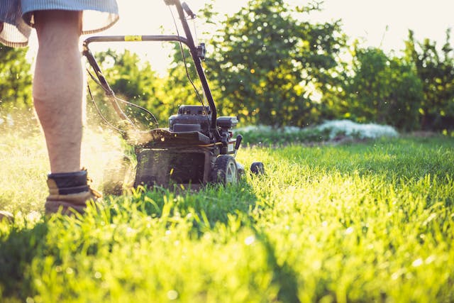 a person mowing the lawn